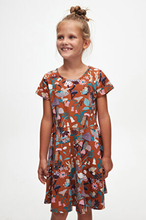 Kahverengi Forest Animals Kız Çocuk Desenli Kısa Kollu Elbise