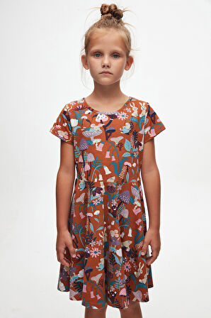 Kahverengi Forest Animals Kız Çocuk Desenli Kısa Kollu Elbise