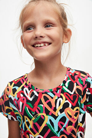 Graffiti Hearts Kız Çocuk Desenli Kısa Kollu Elbise
