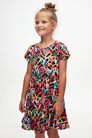 Graffiti Hearts Kız Çocuk Desenli Kısa Kollu Elbise