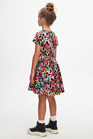Graffiti Hearts Kız Çocuk Desenli Kısa Kollu Elbise