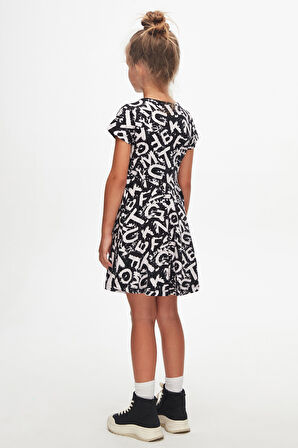 Kız Çocuk Alphabet Desen Kısa Kol Kloşe Etek Elbise