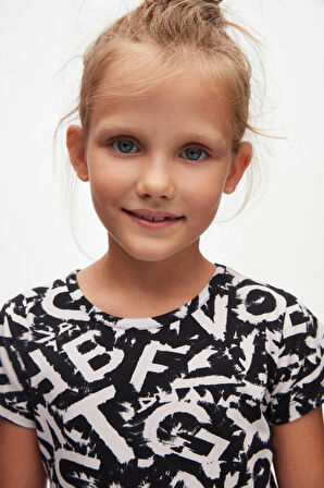 Kız Çocuk Alphabet Desen Kısa Kol Kloşe Etek Elbise