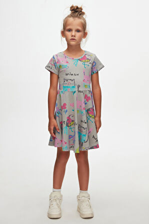 Ay Grisi Chirping Animals Kız Çocuk Desenli Kısa Kollu Elbise