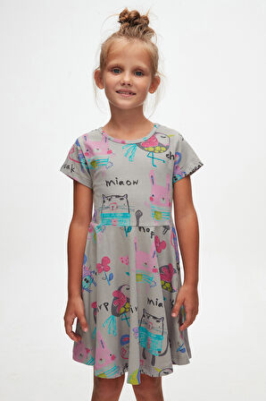 Ay Grisi Chirping Animals Kız Çocuk Desenli Kısa Kollu Elbise