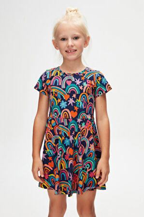 Brave & Happy Kız Çocuk Desenli Kısa Kollu Elbise