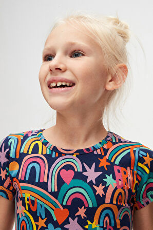 Brave & Happy Kız Çocuk Desenli Kısa Kollu Elbise