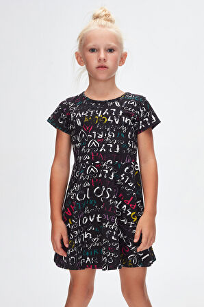 Siyah Kız Çocuk Glasgow Desen Kısa Kol Kloşe Etek Elbise