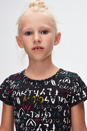 Siyah Kız Çocuk Glasgow Desen Kısa Kol Kloşe Etek Elbise