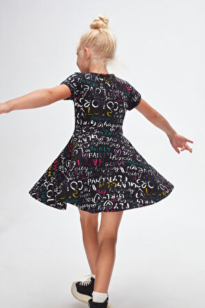 Siyah Kız Çocuk Glasgow Desen Kısa Kol Kloşe Etek Elbise