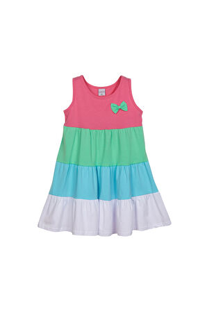 Şeker Pembe Beyaz Renkli Kat Kat Kız Çocuk Askılı Elbise
