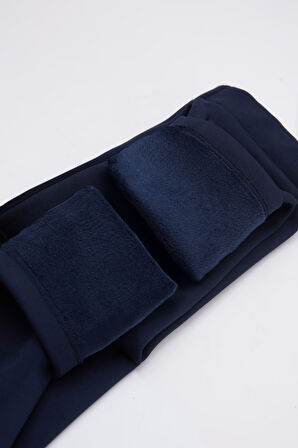 Koyu Lacivert Kız Çocuk Dekoratif Cepli İçi Peluş Extra Kalın Kışlık Tayt