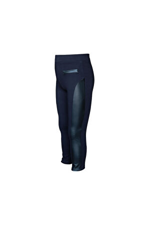 Koyu Lacivert Yanı Deri Panelli Kız Çocuk Tayt