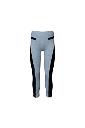 Açık Gri Yanı Deri Panelli Pike Kumaş Kız Çocuk Tayt