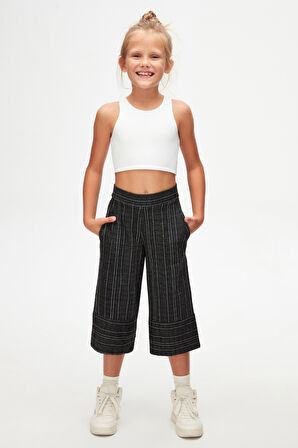 Antrasit Çizgili Bol Paça Kız Çocuk Pantolon Kapri