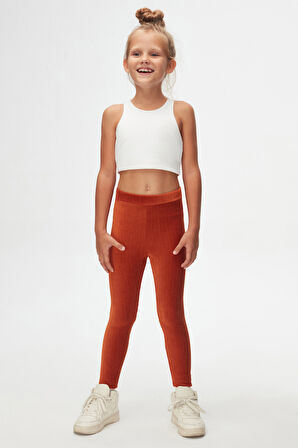 Kiremit Kız Çocuk Fitilli Kadife Tayt