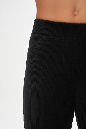 Siyah Kız Çocuk Cepli Fitilli Kadife Tayt