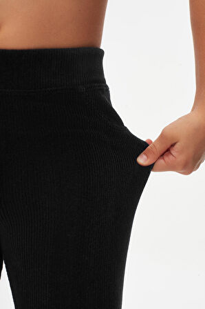 Siyah Kız Çocuk Cepli Fitilli Kadife Tayt