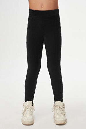 Siyah Kız Çocuk Cepli Fitilli Kadife Tayt