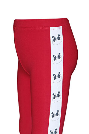 Kırmızı Kız Çocuk Şardonlu Yanda Panda Baskılı Tayt