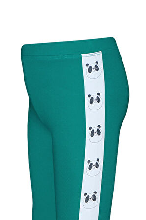 Koyu Yeşil Kız Çocuk Şardonlu Yanda Panda Baskılı Tayt