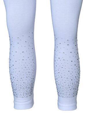 Beyaz Serpme Taşlı Kız Çocuk Yazlık Tayt