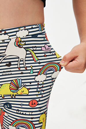 Rainbow Unicorn Kız Çocuk Desenli Yazlık Tayt