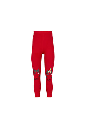 Açık Kırmızı Make UP Kedi Baskılı Kız Çocuk Mevsimlik Tayt