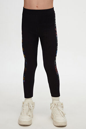 Siyah New York Baskılı Şardonlu Kız Çocuk Kışlık Tayt