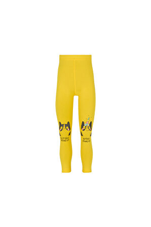 Sarı Make UP Kedi Baskılı Kız Çocuk Mevsimlik Tayt
