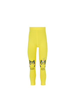 Fosforlu Sarı Make UP Kedi Baskılı Kız Çocuk Mevsimlik Tayt