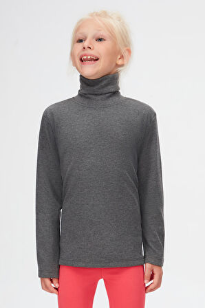 Koyu Gri Basic Kışlık Tam Balıkçı Yaka Uzun Kollu Kız Çocuk Tişört