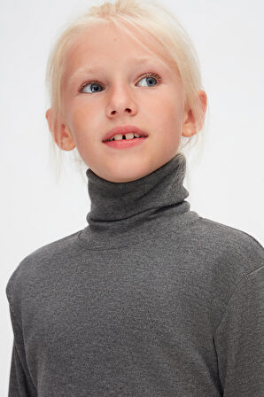 Koyu Gri Basic Kışlık Tam Balıkçı Yaka Uzun Kollu Kız Çocuk Tişört