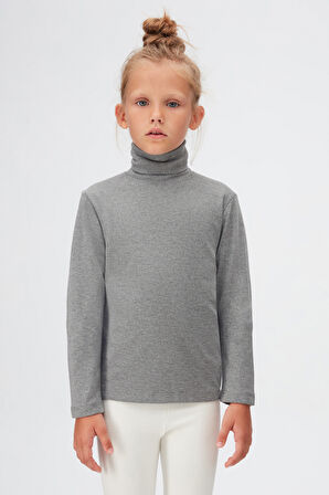 Buz Gri Basic Kışlık Tam Balıkçı Yaka Uzun Kollu Kız Çocuk Tişört