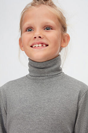 Buz Gri Basic Kışlık Tam Balıkçı Yaka Uzun Kollu Kız Çocuk Tişört