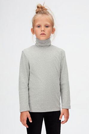 Gri Basic Kışlık Tam Balıkçı Yaka Uzun Kollu Kız Çocuk Tişört