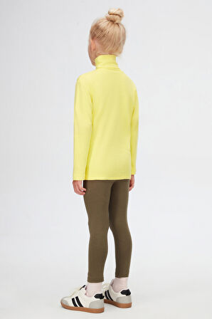 Fosforlu Sarı Basic Kışlık Tam Balıkçı Yaka Uzun Kollu Kız Çocuk Tişört