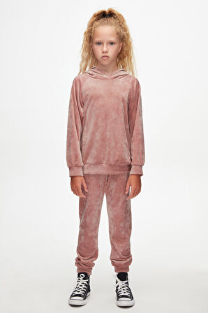 Koyu Pudra Kız Çocuk Kadife Alt Üst Takım