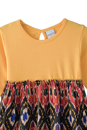 Kavun Sarı Kilim Desen Kız Çocuk Uzun Kollu Elbise