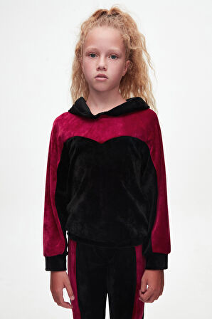 Siyah Kırmızı Kız Çocuk Robalı Kadife Takım