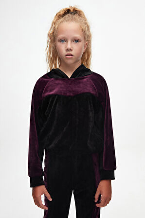 Siyah Mor Kız Çocuk Robalı Kadife Takım