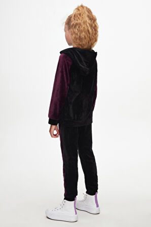 Siyah Mor Kız Çocuk Robalı Kadife Takım