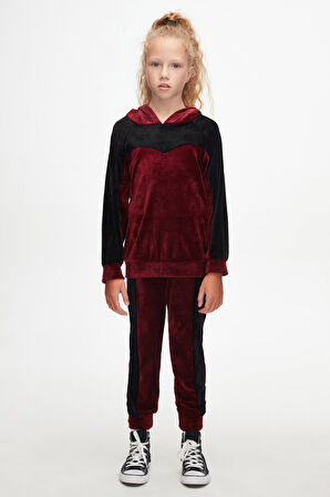 Bordo Siyah Kız Çocuk Robalı Kadife Takım