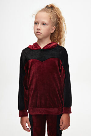 Bordo Siyah Kız Çocuk Robalı Kadife Takım