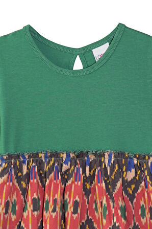 Deniz Yeşili Kilim Desen Kız Çocuk Uzun Kollu Elbise