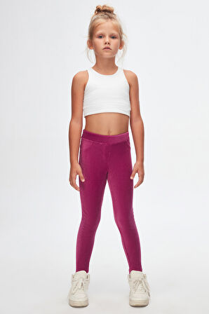 Mor Kız Çocuk Sahte Cepli Fitilli Kadife Tayt