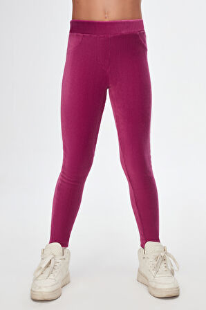 Mor Kız Çocuk Sahte Cepli Fitilli Kadife Tayt