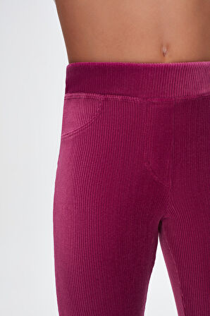 Mor Kız Çocuk Sahte Cepli Fitilli Kadife Tayt