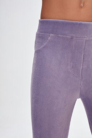 Açık Lila Kız Çocuk Cepli Fitilli Kadife Tayt