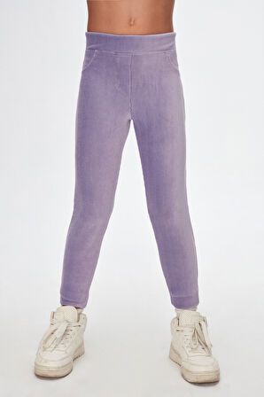 Açık Lila Kız Çocuk Cepli Fitilli Kadife Tayt